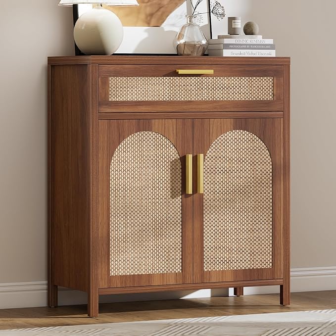 Rattan Buffet Cabinet with Storage, Sideboard Cabinet with Doors and Shelves, Accent Coffee Bar with Drawers, Farmhouse Kitchen Storage Cabinets, credenza for Entryway, Living Room Walnut