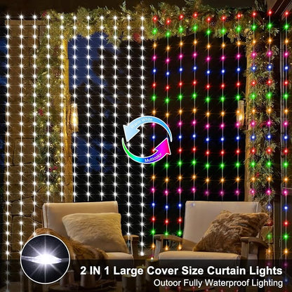 echosari 20Ft x 10Ft Large Curtain Lights Plug in, 600 LED Dual Color Changing Outdoor Curtain Lights Waterproof Connectable with Remote for Wedding Backdrop Yard Decor (Cool White & Multicolor) | 600 LED Dual Color Changing Outdoor Curtain Lights Wate...