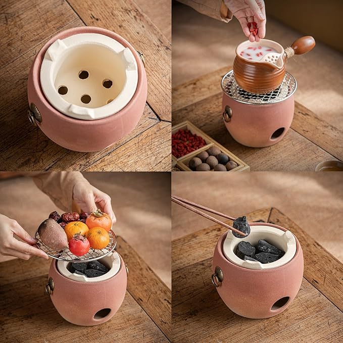 Red Clay Charcoal Stove For 1-4 People, Pottery Barbecue Stove, Portable Charcoal Grill, Pottery Hibachi, Camping Clay Stove, Suitable For Indoor And Outdoor Use