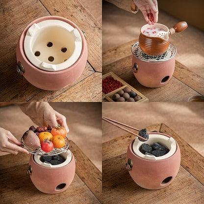 Red Clay Charcoal Stove For 1-4 People, Pottery Barbecue Stove, Portable Charcoal Grill, Pottery Hibachi, Camping Clay Stove, Suitable For Indoor And Outdoor Use