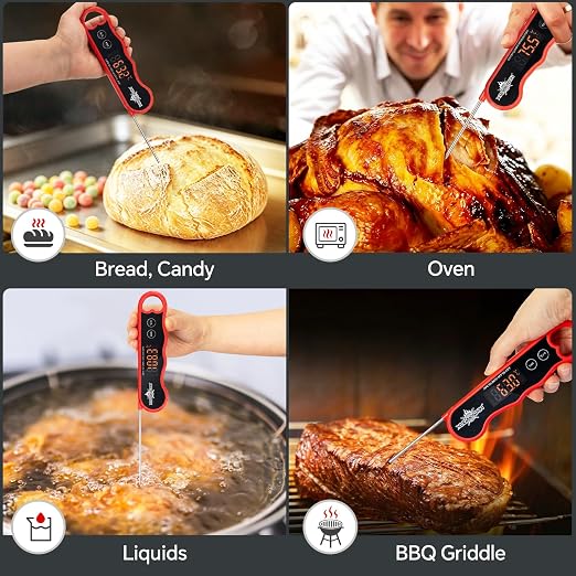 0.3s Fast Read Meat Thermometer – USB-C Rechargeable,Red | Digital instant read for BBQ, baking, and candy –no batteries needed
