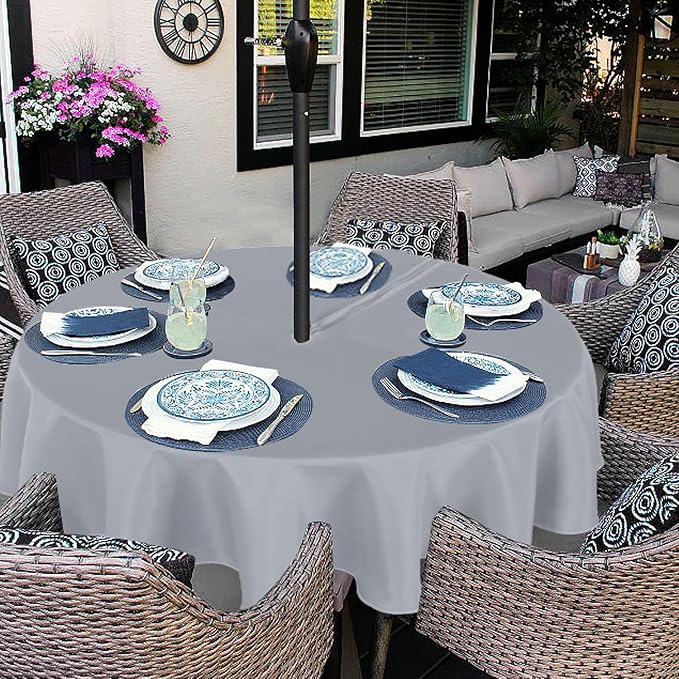 Fitable Outdoor and Indoor Tablecloth, Silver Grey, 70 Inch Round | Washable Waterproof Wrinkle Free Table Cover, Zipper and Umbrella Hole, For Spring Summer Party Picnic Camping Patio