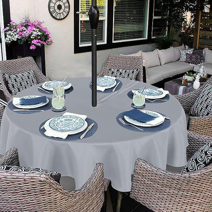 Fitable Outdoor and Indoor Tablecloth, Silver Grey, 70 Inch Round | Washable Waterproof Wrinkle Free Table Cover, Zipper and Umbrella Hole, For Spring Summer Party Picnic Camping Patio