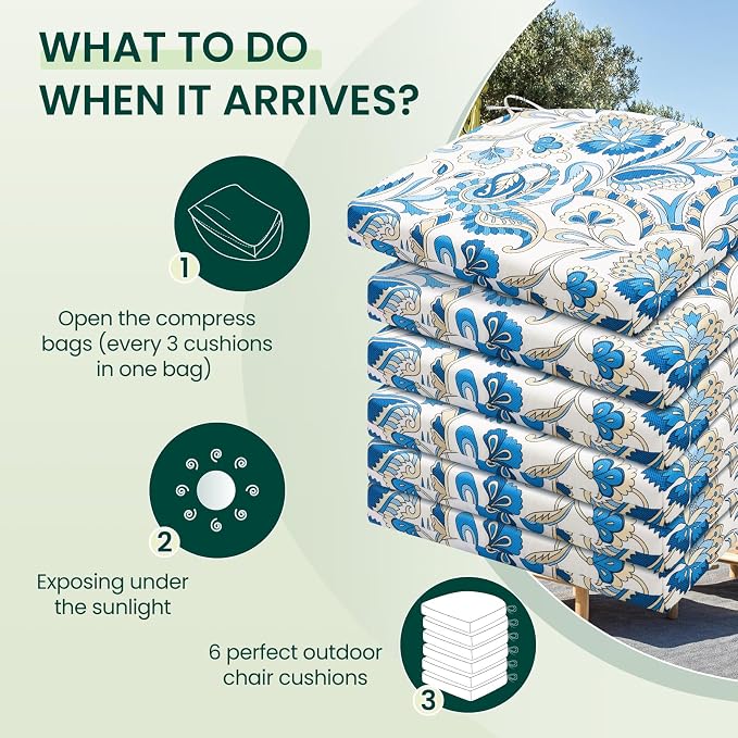 HARBOREST Outdoor Chair Cushions Set of 6, Water Resistant Patio Chair Cushions with Ties, Outdoor Seat Cushions for Patio Furniture, 17"x16"x2", Blue Butterfly