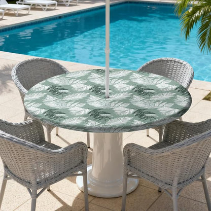 Outdoor Tablecloth with Umbrella Hole and Zipper Fits 49-52" Tables | Waterproof Round Fitted Tablecloth with Elastic Edge, Wipeable Outdoor Table Cover for Patio, Garden, Picnic