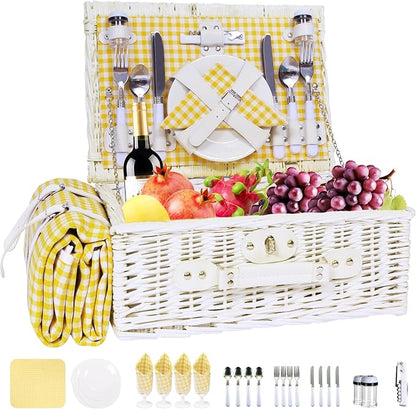 Wicker Picnic Basket Set for 4, Blanket, Cooler Bag, Yellow Grid | Four-Person Wicker Set Includes Tableware, Insulated Food Storage and Waterproof Blanket for Parks, Camping, Dates and Gifts