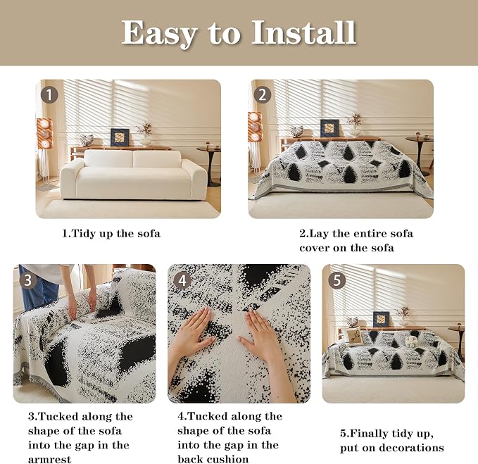 MYSKY HOME Boho Couch Cover for Dogs Washable Black Rhombic Couch Sofa Protector for Loveseat Sofa with Pets Friendly Chenille Geometric Sofa Covers Soft Durable Farmhouse Sofa Slipcovers, 71" X102"