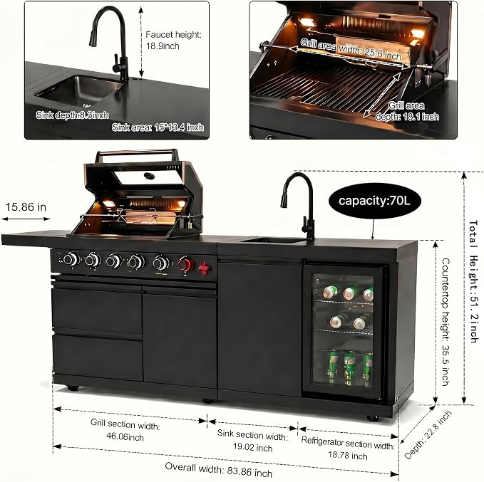 Modular Outdoor Kitchen Island, 6-Burner Gas Grill, 75300 BTU,Silver | 304 Stainless Steel,Garden Outdoor Cooking Backyard, Side Burners Sink,Wine,Cooler,Refrigerator,Rotisserie Kit