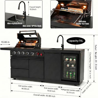 Modular Outdoor Kitchen Island, 6-Burner Gas Grill, 75300 BTU,Silver | 304 Stainless Steel,Garden Outdoor Cooking Backyard, Side Burners Sink,Wine,Cooler,Refrigerator,Rotisserie Kit