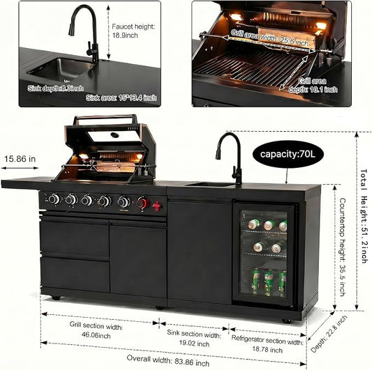 Modular Outdoor Kitchen Island, 6-Burner Gas Grill, 75300 BTU,Silver | 304 Stainless Steel,Garden Outdoor Cooking Backyard, Side Burners Sink,Wine,Cooler,Refrigerator,Rotisserie Kit
