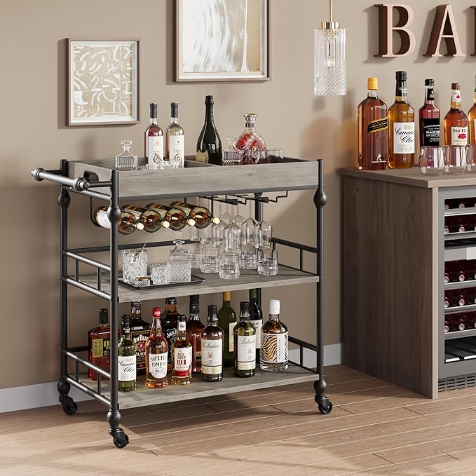 Garvee Bar Cart with Wheels, 3-Tier Rolling Serving Cart with Removable Tray, Mobile Kitchen Beverage Cart with Wine Rack & Glass Holder, Retro Roman Column Design, 35.4 x 15.7 x 34.1 Inches, Grey