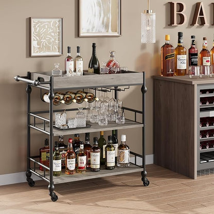 Garvee Bar Cart with Wheels, 3-Tier Rolling Serving Cart with Removable Tray, Mobile Kitchen Beverage Cart with Wine Rack & Glass Holder, Retro Roman Column Design, 35.4 x 15.7 x 34.1 Inches, Grey