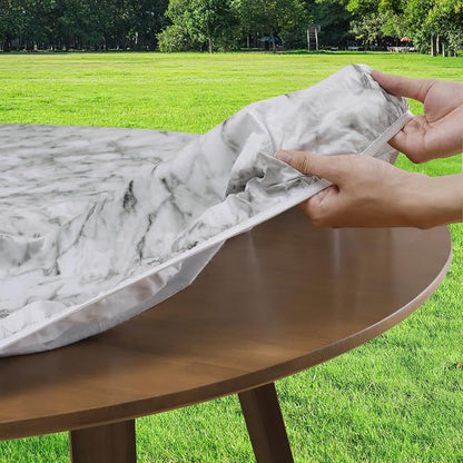 Romanstile Round Fitted Vinyl Tablecloth with Elastic Edge 100% Waterproof | Table Covers for 45"- 56" Tables, Wipeable Flannel Backed Plastic Table Cloths for Dinner, Picnic, Camping, Outdoor, Marble