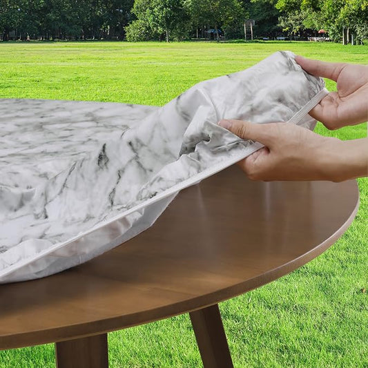 Romanstile Round Fitted Vinyl Tablecloth with Elastic Edge 100% Waterproof | Table Covers for 57"- 68" Tables, Wipeable Flannel Backed Plastic Table Cloths for Dinner, Picnic, Camping, Outdoor, Marble
