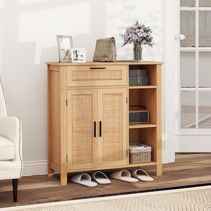 Giantex Buffet Cabinet with Storage, Boho Rattan Sideboard with 2 Doors, Drawer, 3 Open Cubbies, Adjustable Shelf, Freestanding Accent Cabinet for Kitchen,Living Room, Natural
