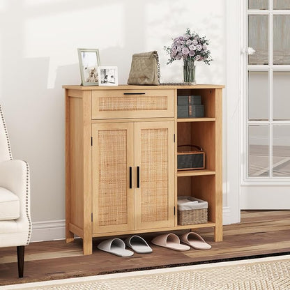 Giantex Buffet Cabinet with Storage, Boho Rattan Sideboard with 2 Doors, Drawer, 3 Open Cubbies, Adjustable Shelf, Freestanding Accent Cabinet for Kitchen,Living Room, Natural