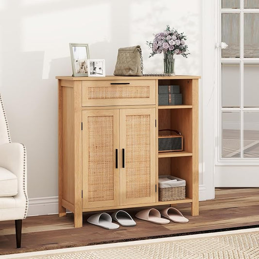 Giantex Buffet Cabinet with Storage, Boho Rattan Sideboard with 2 Doors, Drawer, 3 Open Cubbies, Adjustable Shelf, Freestanding Accent Cabinet for Kitchen,Living Room, Natural