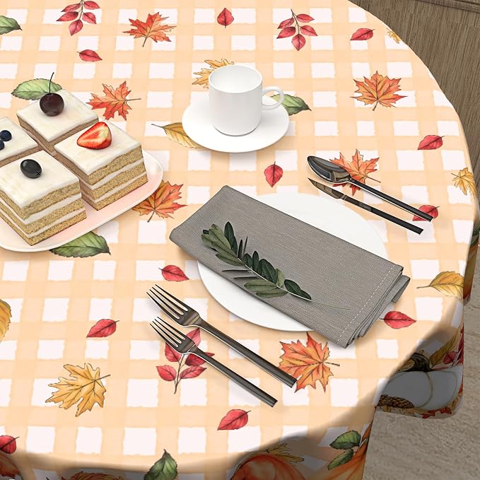 Sweetshow Thanksgiving Autumn Harvest Pumpkin Table Cloth Round Orange Plaid Fall Leaves Tablecloth 60 Inch Decor Washable Stain and Wrinkle Resistant Round Table Cover for Dining Party Picnic