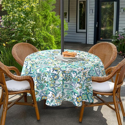 Lamberia 60" Round Patio Tablecloth with Umbrella Hole and Zipper, Waterproof Outdoor Table Cover for Patio, Backyard, BBQ, Picnic & Indoor Dining, Washable Polyester Circular Tablecloth