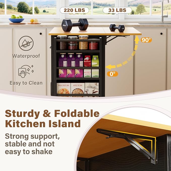 YESHOMY Kitchen Island on Wheels with Trash Cabinet, 56" Mobile Cart with Drop Leaf and Drawers, Rolling Portable Table with Spice Rack & Towel Holder for Dining Room, Black & Oak