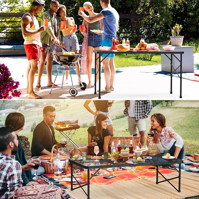 Folding Grill Table, 4x2 FT Portable Camping Table, Foldable | 3 Adjustable Height Max 27.5" Grill Tables for Outside with Mesh Bag, Outdoor table for Camping, Picnic, BBQ, Beach, Patio