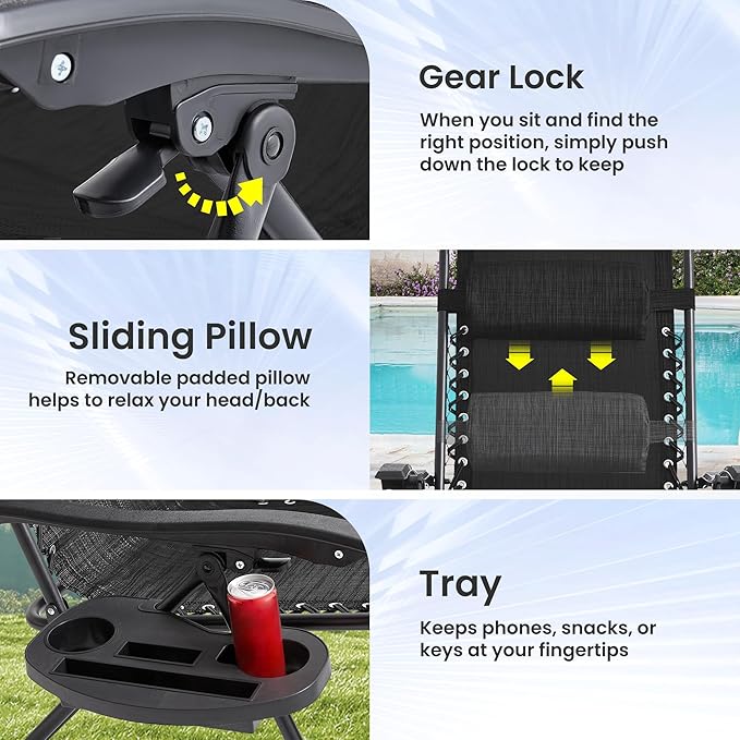 Zero Gravity Chair Set of 4 Oversized Folding Recliner, Padded Anti Gravity Lounge Chair with Adjustable Pillow & Cup Holder for Outdoor Camping, Patio, Poolside, Lawn (Black)