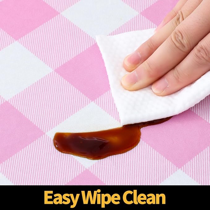 Smiry Rectangle Picnic Table Cloth, Elastic Waterproof Fitted Vinyl Tablecloths, Flannel Backed Buffalo Plaid Table Covers for Dining, Camping, Valentines(White and Pink, 24" x 48")