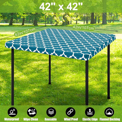 Smiry Picnic Fitted Table Cover, Square Flannel Backed Vinyl Tablecloth | Waterproof Elastic Stretch Table Cloth, Wipeable Plastic Tablecloth for Camping, Indoor & Outdoor (Turquoise, 42" x 42")