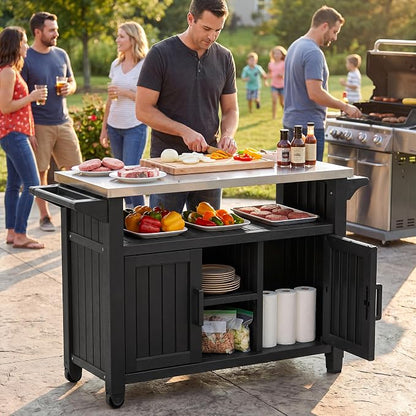 Bifanuo Outdoor Grill Table Grill Cart with Stainless Steel Top & Storage Cabinet for Food Prep and Storage, Portable and Durable with Wheels (Standard Black)