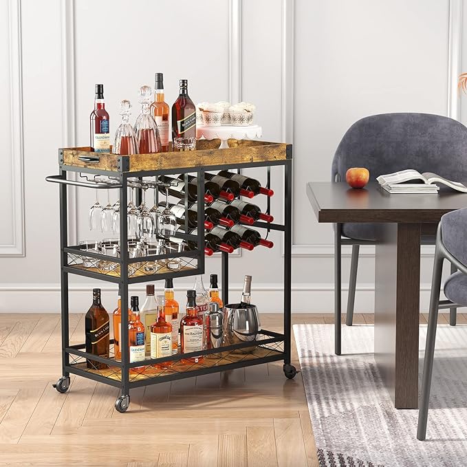 Lifewit 3 Tier Bar Cart with 12 Wine Racks, Serving Trolley, Rustic Brown | Home serving drink cart with removable tray, liquor beverage storage for kitchen dining living room, 30 x 15.7 x 36.6 inch
