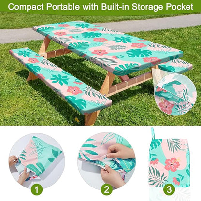 Picnic Table and Bench Cover Set, Waterproof Fitted Elastic Cloth | Portable Camping Essentials With Built-In Storage Pocket And Waterproof Fabric For Outdoor RV Or Picnic Table Use