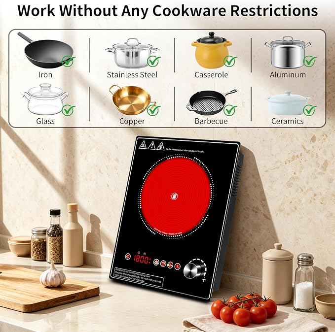 Single Burner Electric Cooktop, 1800W Electric Stove Top，portable cooktop with LED Touch Control,10Power Levels, 4H Timer, Safety Lock, single burner cooktop Overheat protection