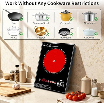 Single Burner Electric Cooktop, 1800W Electric Stove Top，portable cooktop with LED Touch Control,10Power Levels, 4H Timer, Safety Lock, single burner cooktop Overheat protection