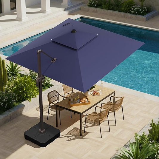 10x10 FT Patio Umbrella with Base, Large Cantilever Double Top Heavy Duty Offset Umbrellas with 360° Rotation, Outdoor shade for Garden Deck Pool, Navy