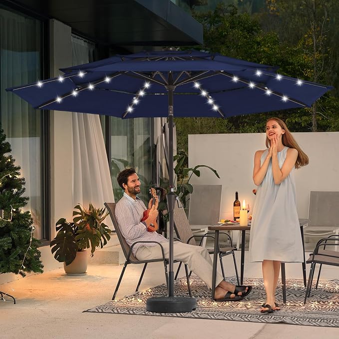 JEAREY 9 ft 3-Tier Outdoor LED Lighted Patio Umbrella w/Crank, Navy | Solar Market Table Umbrella with 8 Sturdy Ribs, UV Protection Waterproof Sunproof for Garden, Deck and Backyard