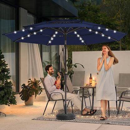 JEAREY 9 ft 3-Tier Outdoor LED Lighted Patio Umbrella w/Crank, Navy | Solar Market Table Umbrella with 8 Sturdy Ribs, UV Protection Waterproof Sunproof for Garden, Deck and Backyard