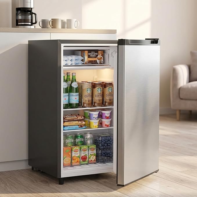 3.2 Cu.Ft Mini Fridge with Freezer, 1 Door Small Refrigerator with Adjustable Thermostat Energy-efficient Low Noise, Compact Fridge for Bedroom, Office, Dorm, Silver