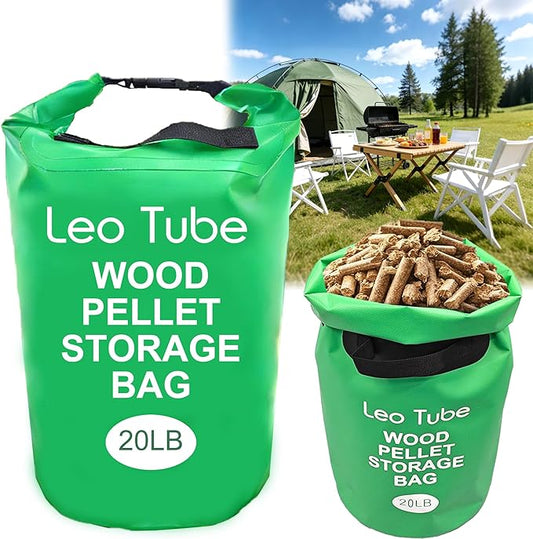 Heavy-Duty Wood Pellet Storage Bag, 20LB Waterproof Smoker Bag - 500D PVC Outdoor Storage Container with Buckle Seal, Label Pocket & Handles for BBQ, Grill, Pellet Smoker (Green)