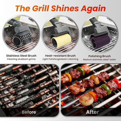 Electric Grill Brush for Outdoor Grill,150Mins Runtime BBQ Grill Cleaner with 3 Heads,3-Speed Control&Angle Adjust,Safe for Cast Iron/Stainless-Steel Grates,Ideal BBQ Gifts for Men/Dad