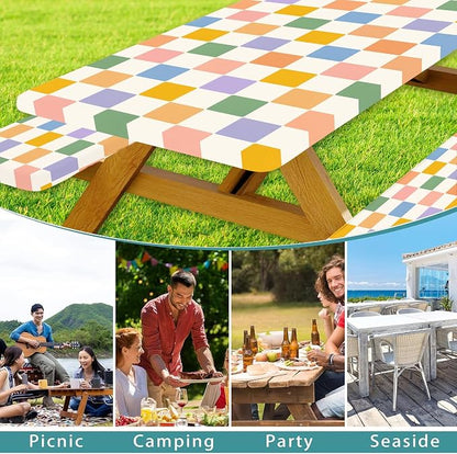 Picnic Table Cover with Bench Covers Elastic Edges | Colorful Checkered Fitted Table Cover, 30x60 Inch 3PCS Outdoor Patio Camping Essentials, Waterproof Camping Fitted Tablecloth
