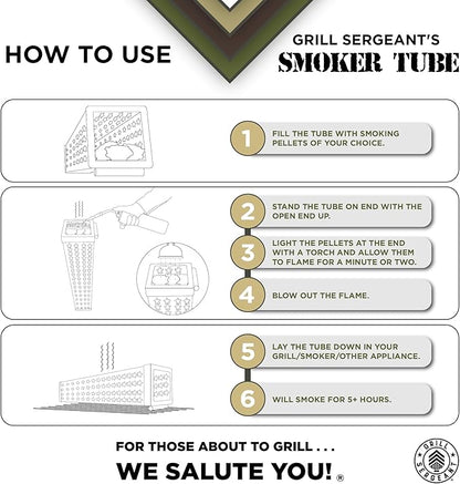 GRILL SERGEANT Smoker Tube, Forever Guarantee, Patented Elevation Bar, Cold & Hot Pellet Smoking, Thick Stainless Steel, 5+ Hours Billowing Smoke, Grills and Smokers, Cheese, Fish, Pork, Beef, Nuts