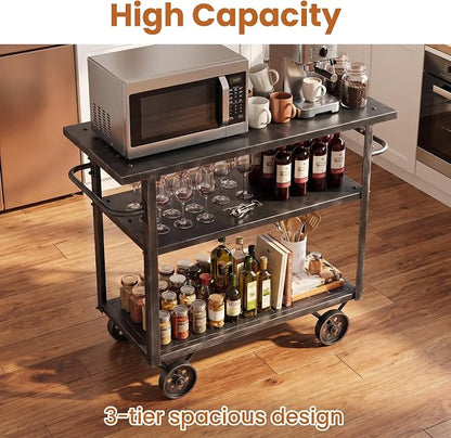 Industrial 3 Tier Mobile Bar Cart Rustic Metal Serving Cart with Wheels and Side Handles Vintage Rolling Kitchen Stand Cart-LxWxH: 36.2 * 15.75 * 30.5inch