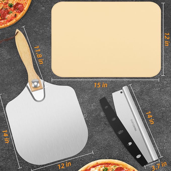 Pizza Stone 5 PCS Set, 15 x 12" Large Rectangle Pizza Stone Set for Oven and Grill with Metal Pizza Peels & Cutter Rocker, 0.6'' Thickened Stone Pizza Pan, Baking Stone for Pizza, Bread