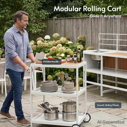 Modular Outdoor Kitchen Island with Sink, 4Pcs Aluminum Outdoor Kitchen Kit | Aluminum Frame, Weatherproof, Modular Grill Cart & Ice box, Large Countertop & Wall Hanging Design, For Patio BBQ, Party