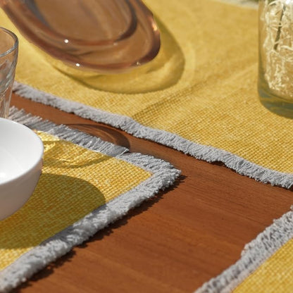 Hausattire Cotton Frayed Placemats Set of 6 Dining Table 13x19 Inch | Rustic Vintage Boho Washable Easter Placemat for Outdoor Parties BBQ's Wedding, Holiday, Special Occasions, Nubby Cotton - Yellow