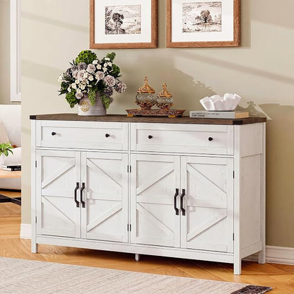 ChooChoo 55" W Coffee Bar Cabinet, Kitchen Storage Cabinet with 2 Drawers | Farmhouse Sideboard Buffet Cabinet, Adjustable Shelf & 4 Doors, Rustic White