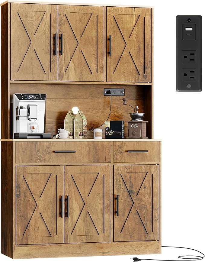 Shintenchi Pantry Cabinet with Charging Station, 70” Tall Kitchen Storage Cabinet with Microwave Stand, Storage Drawers & Adjustable Shelves, Large Capacity Kitchen Hutch for Dining Room, Brown