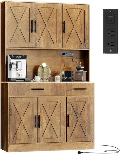 Shintenchi Pantry Cabinet with Charging Station, 70” Tall Kitchen Storage Cabinet with Microwave Stand, Storage Drawers & Adjustable Shelves, Large Capacity Kitchen Hutch for Dining Room, Brown