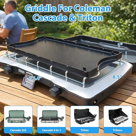 Ceramic Nonstick Reversible Griddle for Coleman Cascade & Triton, 17.4" x 8.5" Flat & Ribbed Camping Griddle | Built-In Storage Fit, No-Wobble Stable Design, Compatible with 2-Burner Camp Stoves
