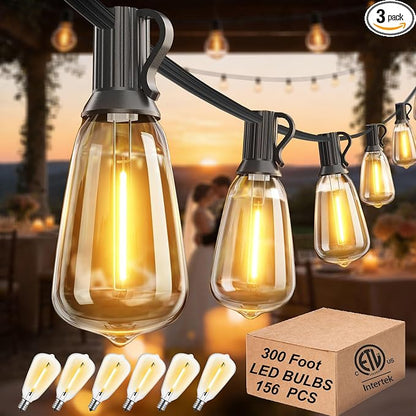 Outdoor String Lights Waterproof 300FT Patio Lighting for Outside Backyard | 3-Pack x 100FT Connectable Outdoor Lights, 156 Shatteproof Dimmable Edison Bulbs for Porch Bistro Garden Gazebo Balcony Cafe